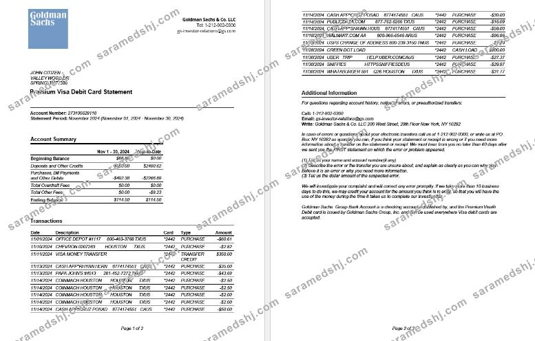 USA Goldman Sachs bank Premium Visa Debit Card statement Word and PDF template